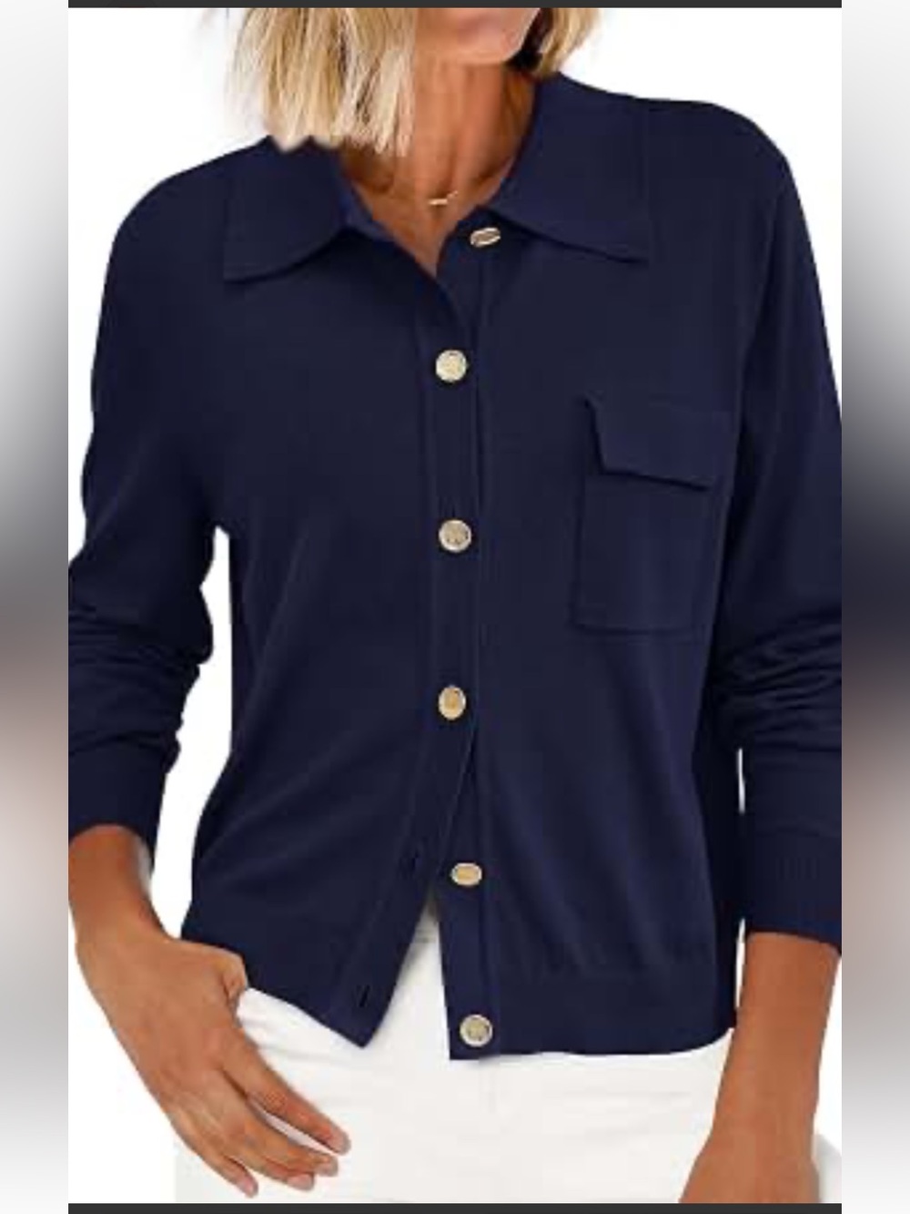 NWT PRETTYGARDEN Navy Blue Knit Polo
Cardigan Sweater Gold Buttons XL